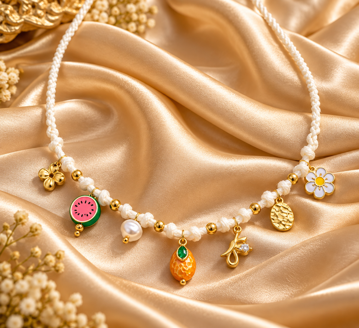Ivory Garden Woven Thread Floral and Fruit Charm Necklace