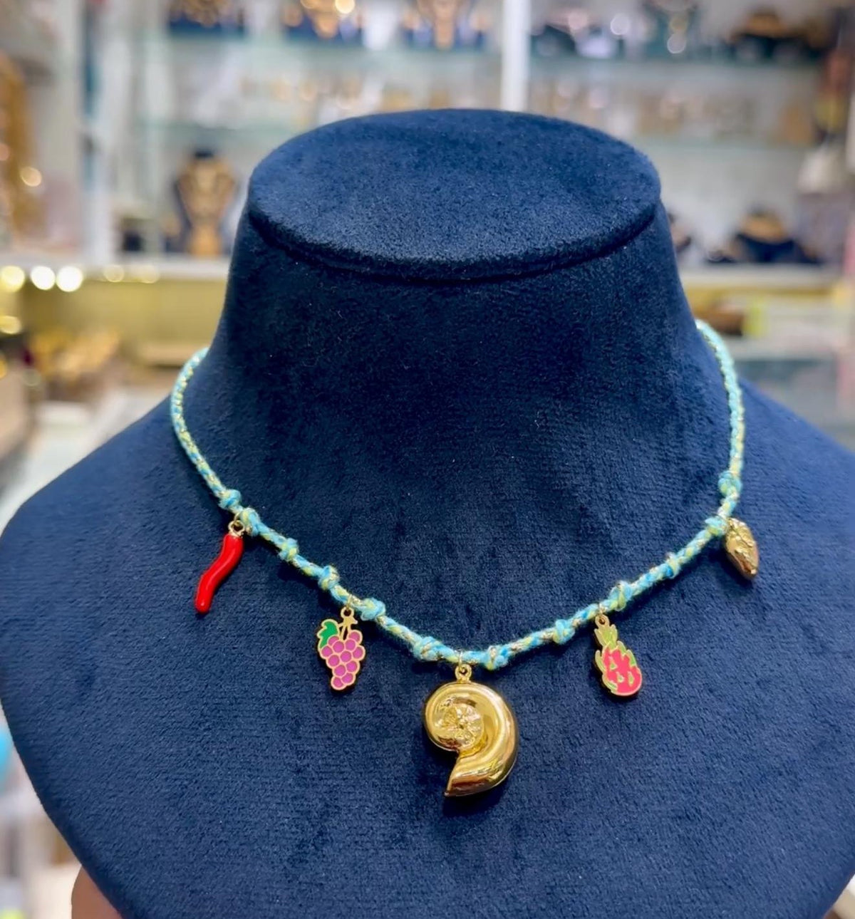 Gold-Tone Woven Thread Moon and Colorful Fruit Charm Necklace