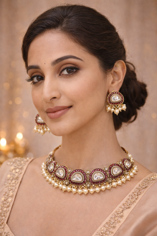 Rajsi Polki Pearl Choker Necklace Set