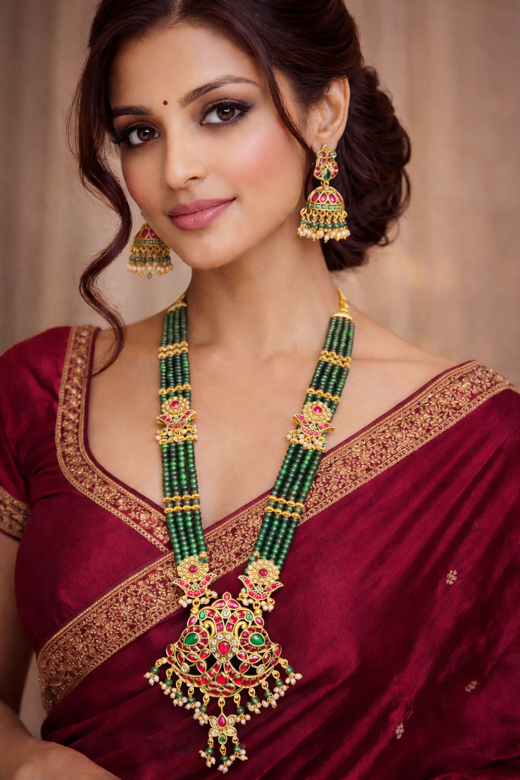 Rajasvi Paachi Kundan Rani Haar Set with Green Beads Mala