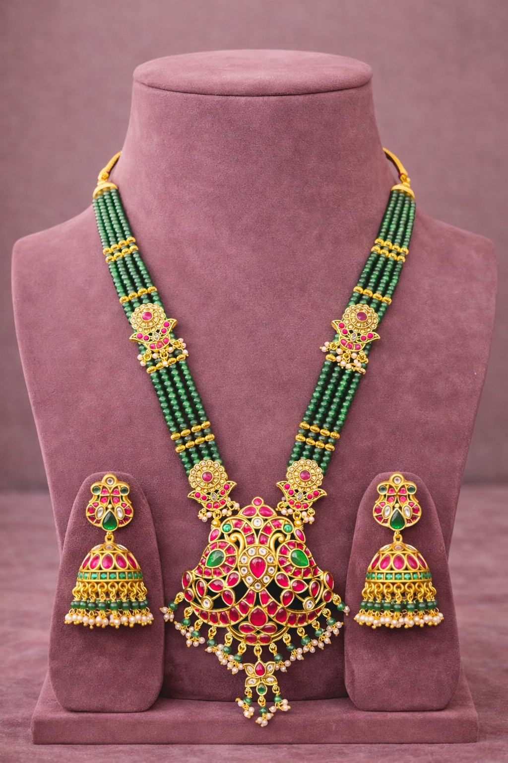 Rajasvi Paachi Kundan Rani Haar Set with Green Beads Mala