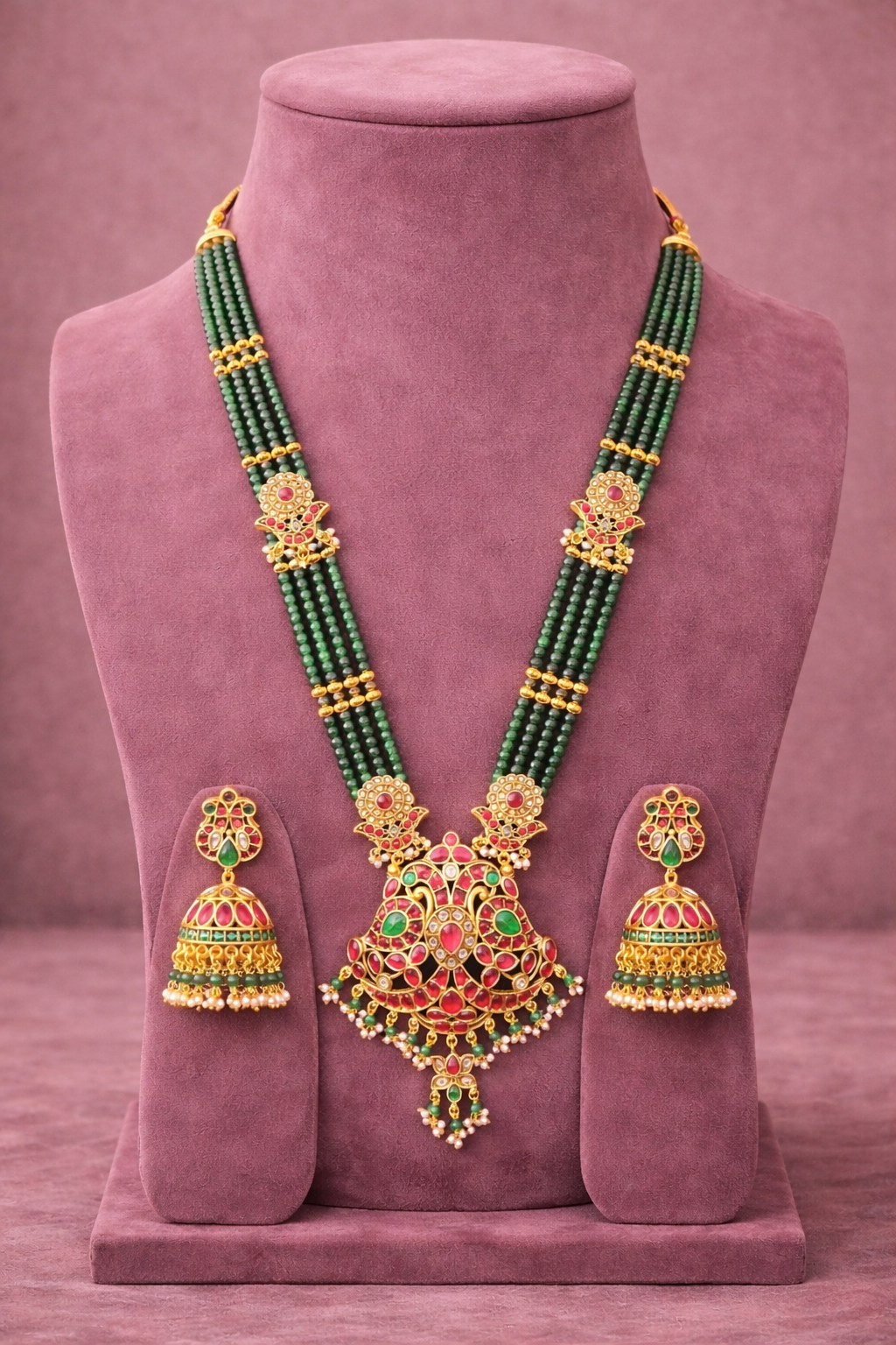 Rajasvi Paachi Kundan Rani Haar Set with Green Beads Mala