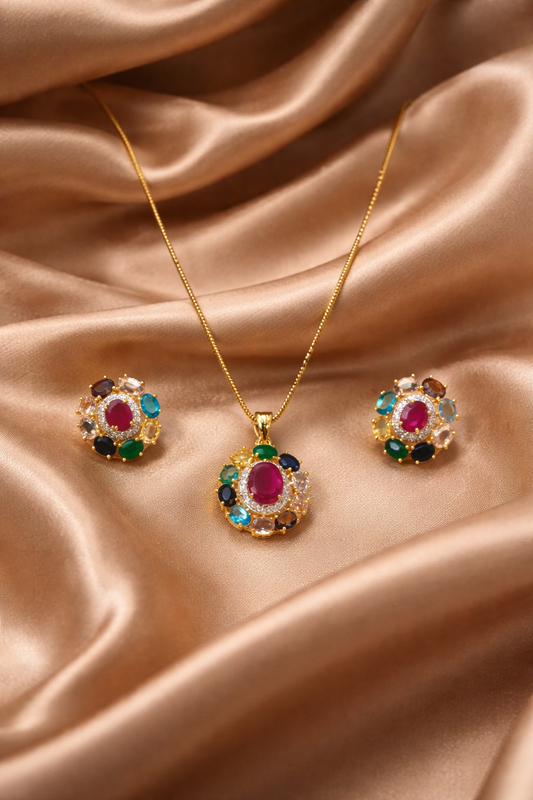 Navratna Aura Golden Pendant Chain Tops Set