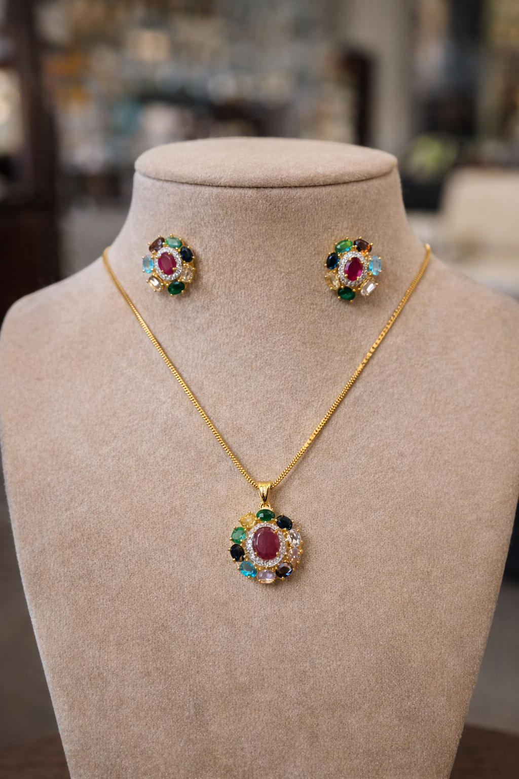 Navratna Aura Golden Pendant Chain Tops Set