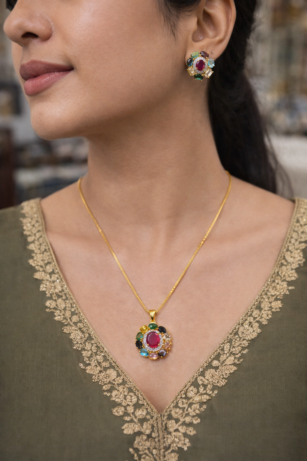 Navratna Aura Golden Pendant Chain Tops Set