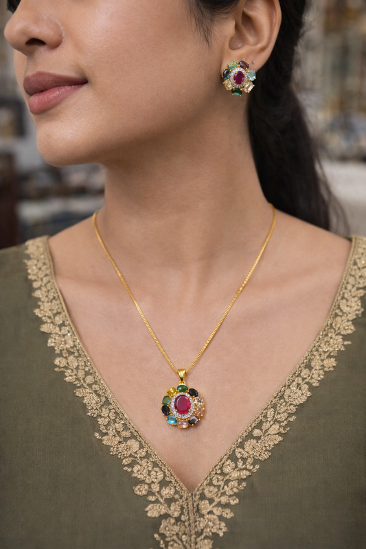 Navratna Aura Golden Pendant Chain Tops Set