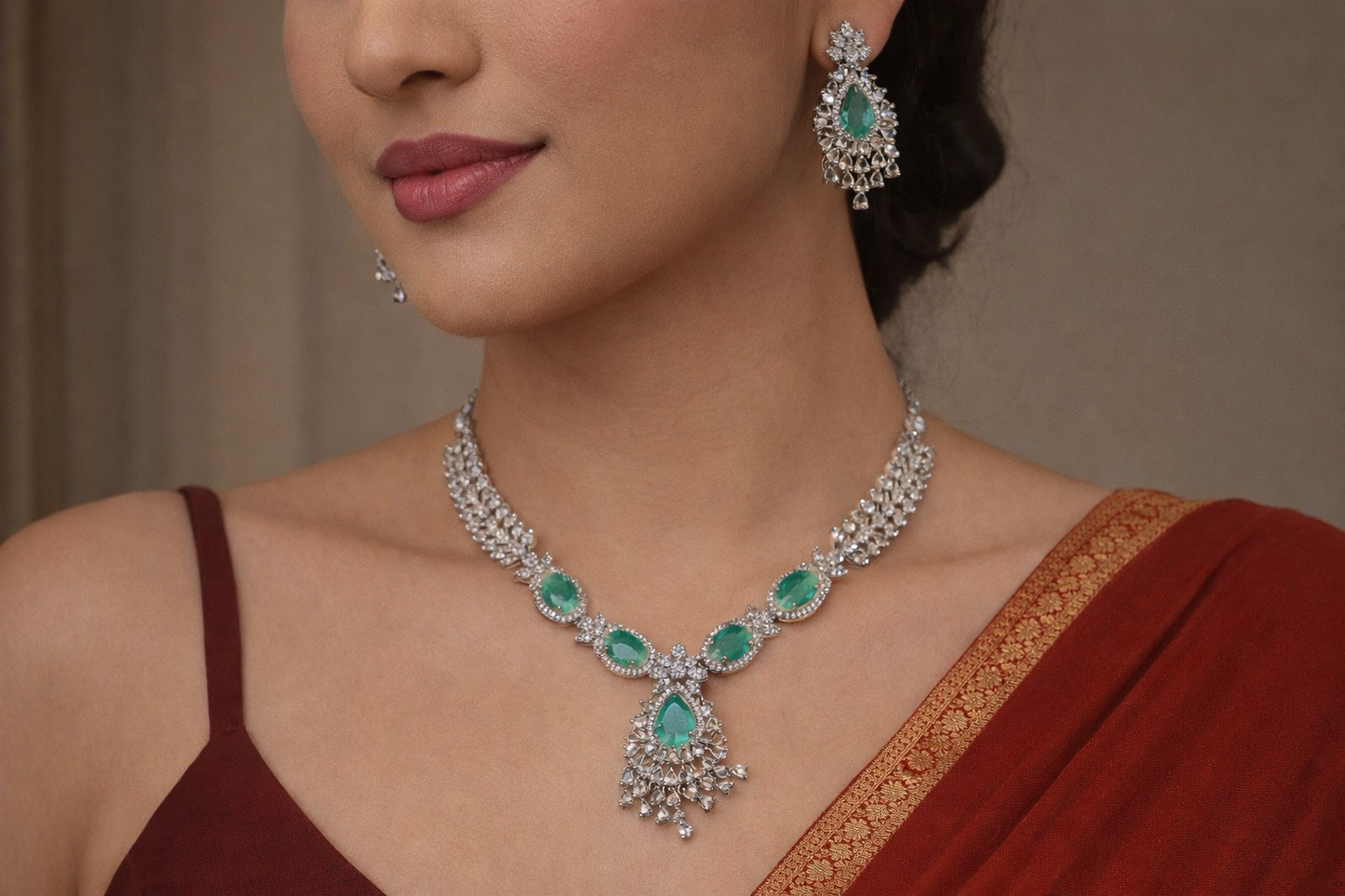Diamond Necklace Set with Matching Earrings, Zirconia and emerald stones