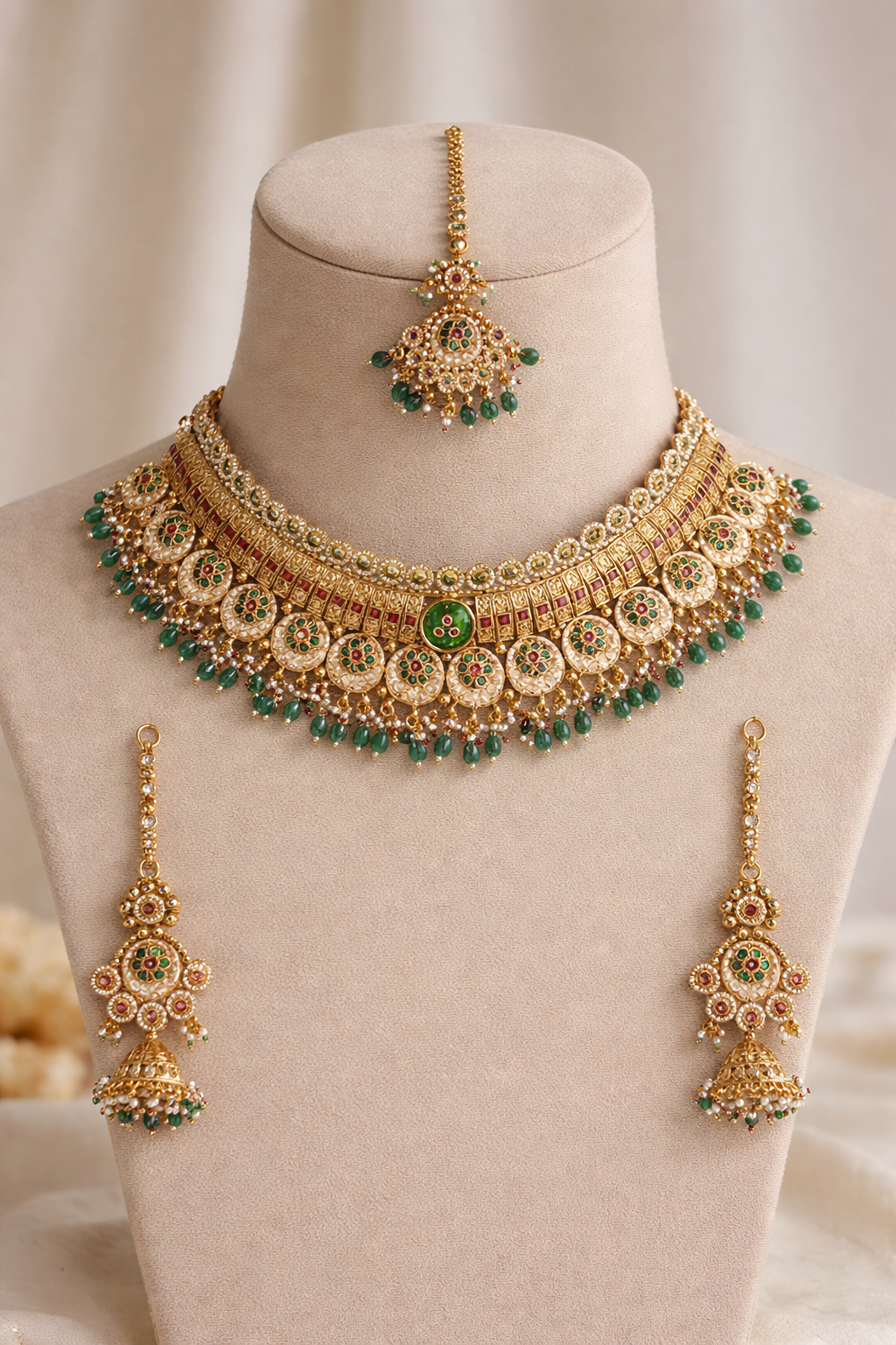 Gold Kundan Choker Necklace Maang Tika and Jhumkas.
