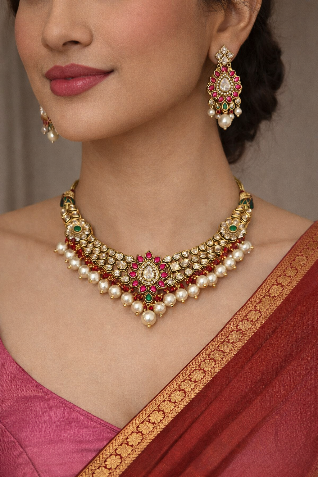 Royal Pearl Kundan Necklace Set with matching earrings.