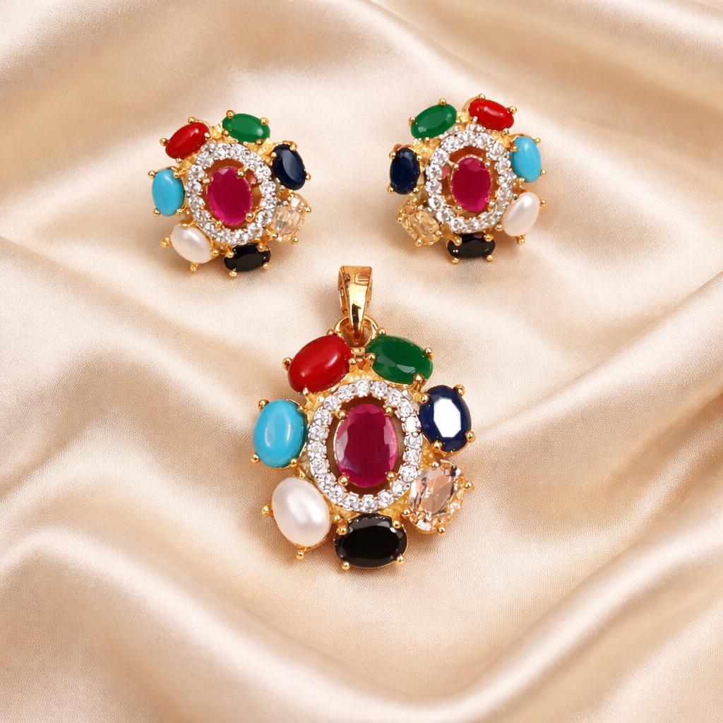 Navratna Elegance Pendant Set with Tops