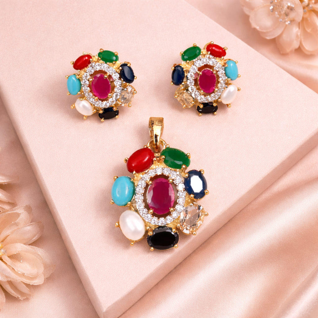 Navratna Elegance Pendant Set with Tops