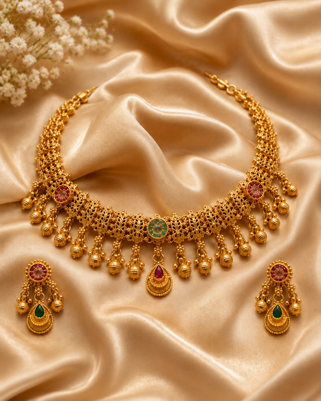 Premium anti-tarnish micro gold plated choker necklace set with delicate kundan embellishments and traditional ghungroo charms. Includes matching earrings.