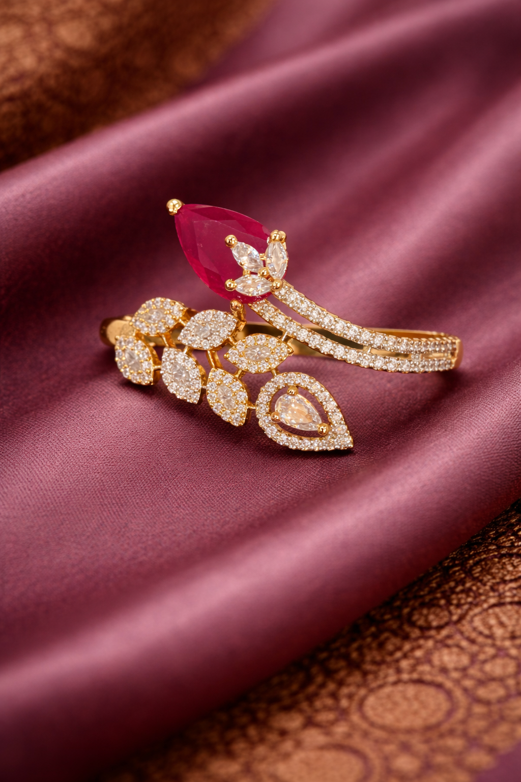 Ruby Bloom CZ Leaf Finger Ring