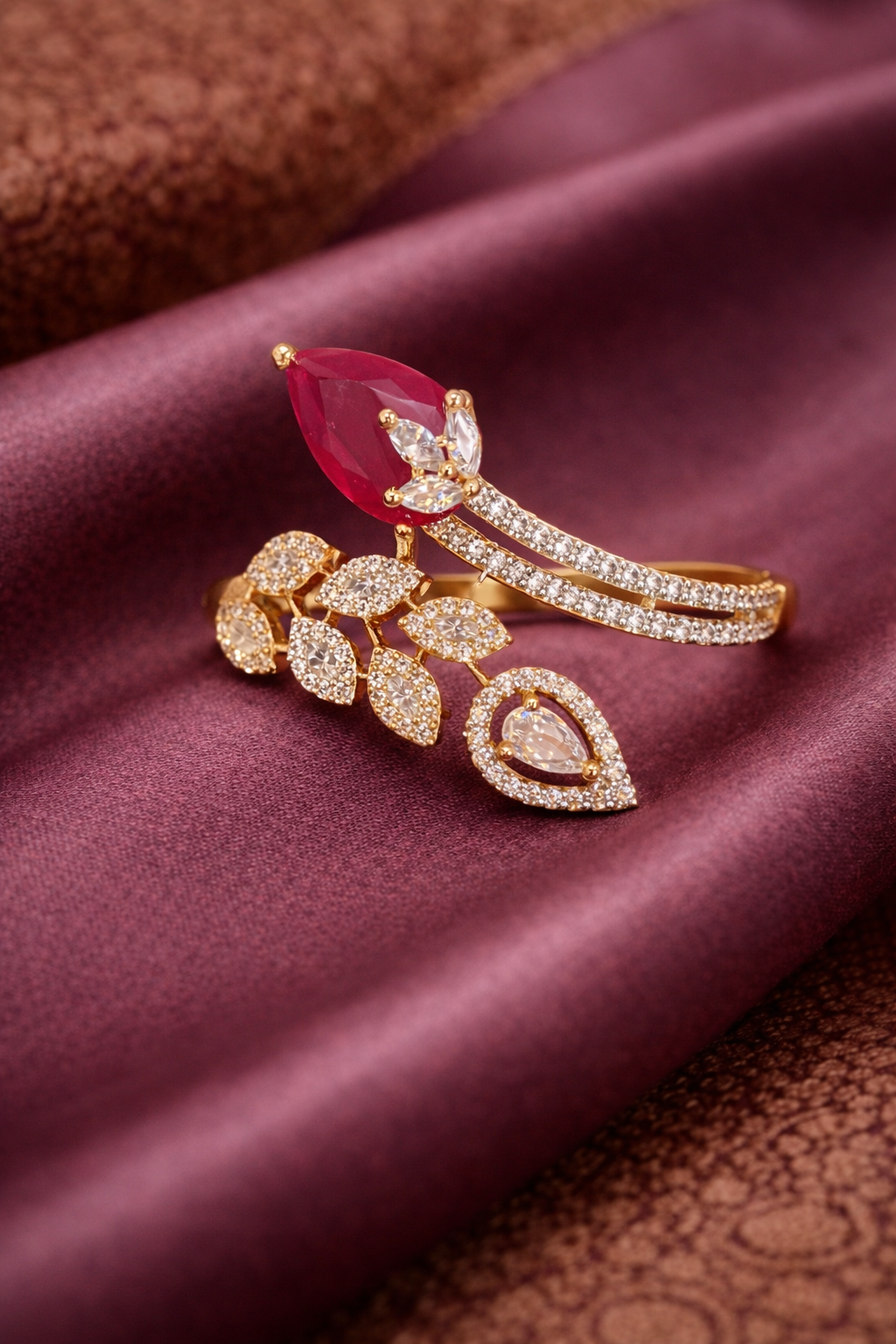 Ruby Bloom CZ Leaf Finger Ring