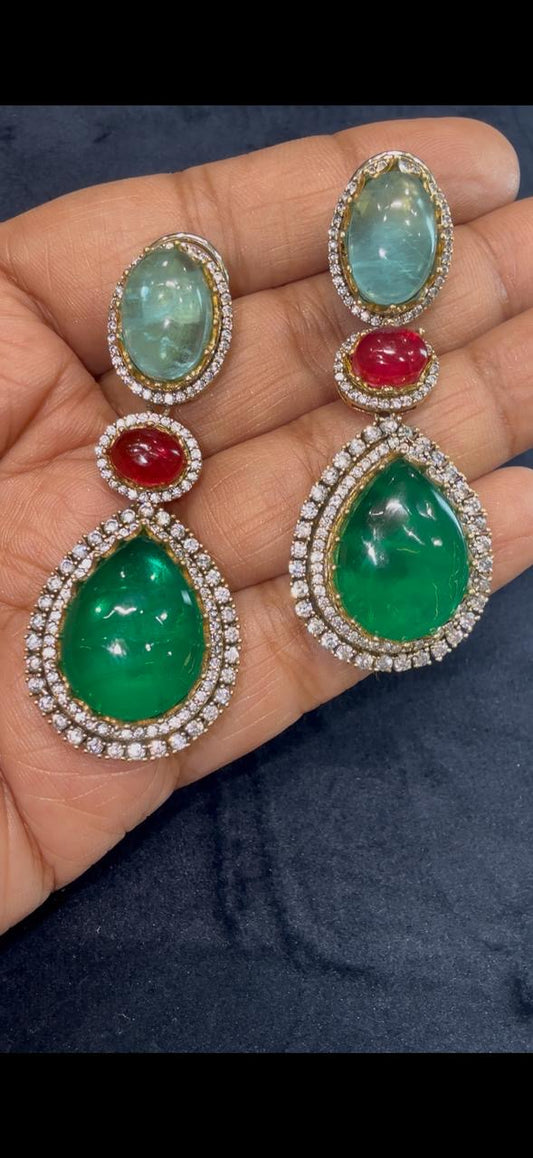 Emerald Aura Trio Drop Earrings