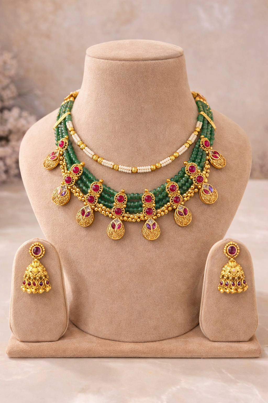 Vrinda Emerald Pearl Layered Necklace