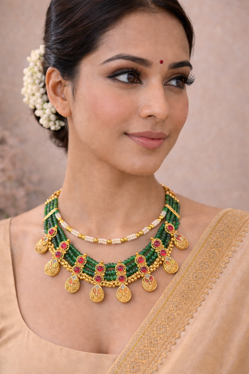 Vrinda Emerald Pearl Layered Necklace